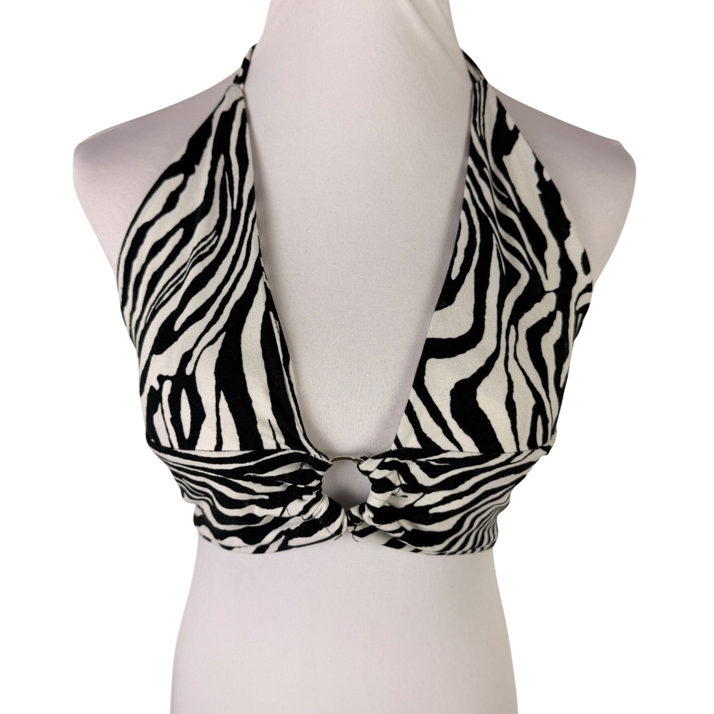 SHEIN Women's Small Zebra Print Halter Top Black White O-Ring Cropped Tie Back‎